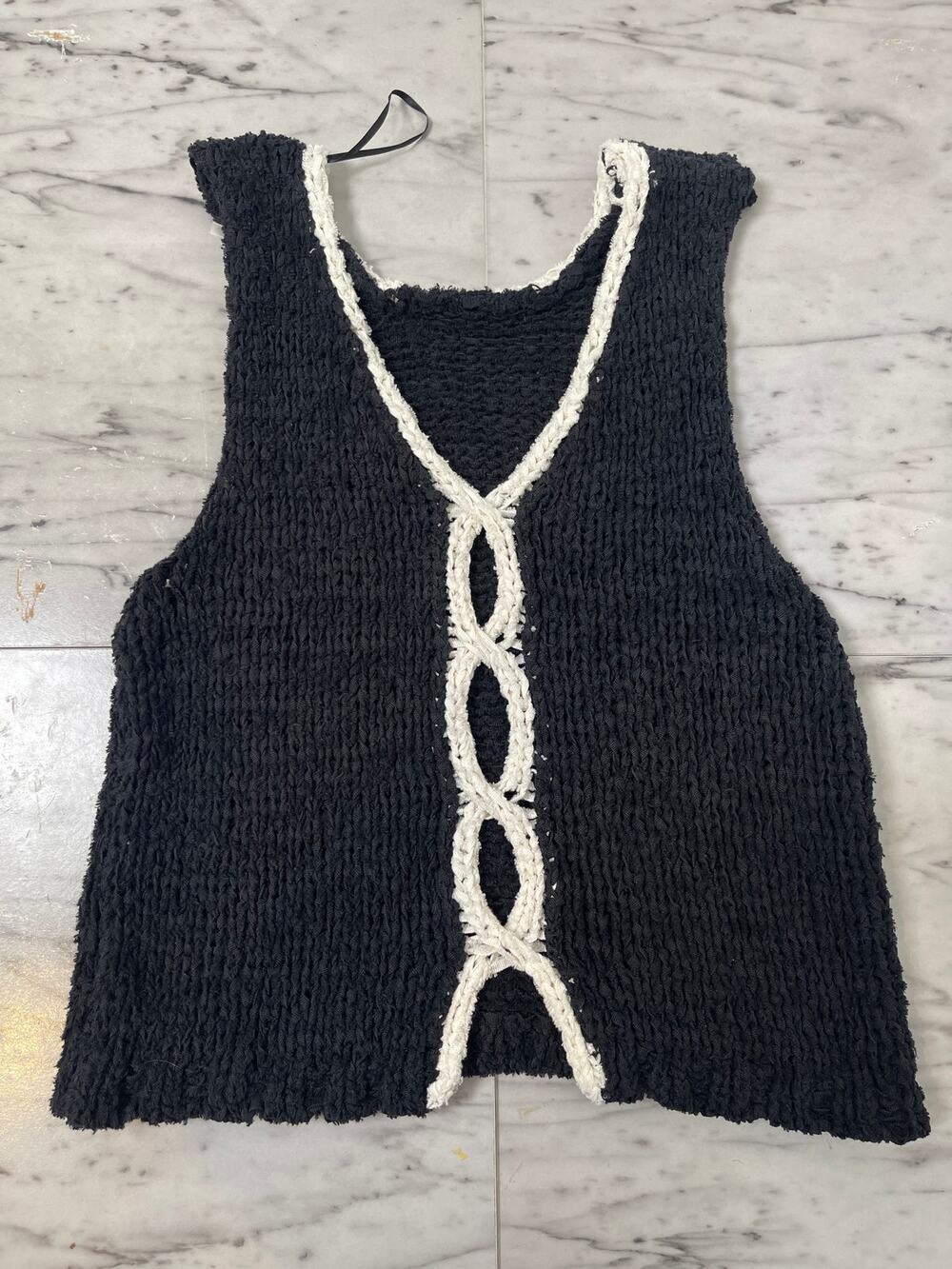 Free People XS Black Crochet Knit Tank Top Ivory Trim Boho Sicily Shell Sweater